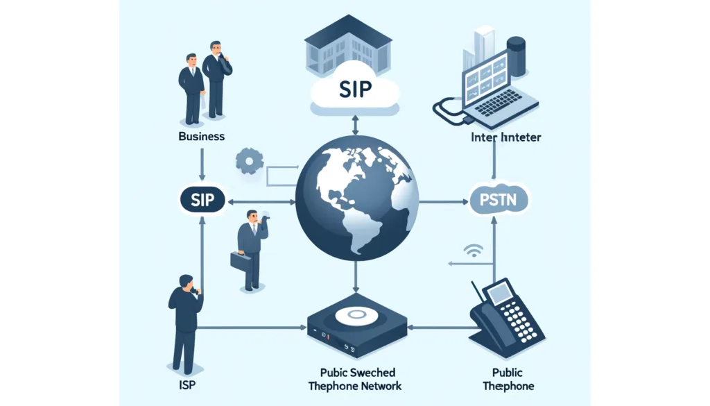 Diagramă interactivă a rețelei globale SIP și PSTN.