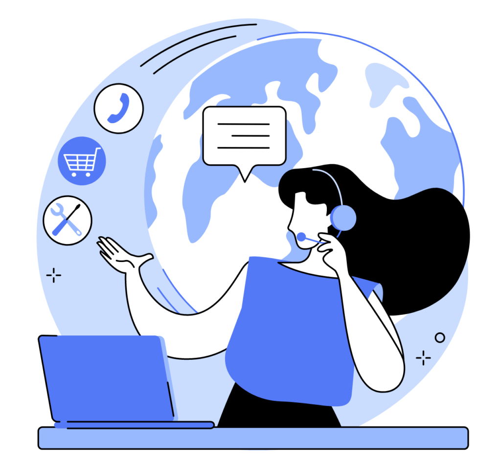 Femeie în call center cu glob și laptop