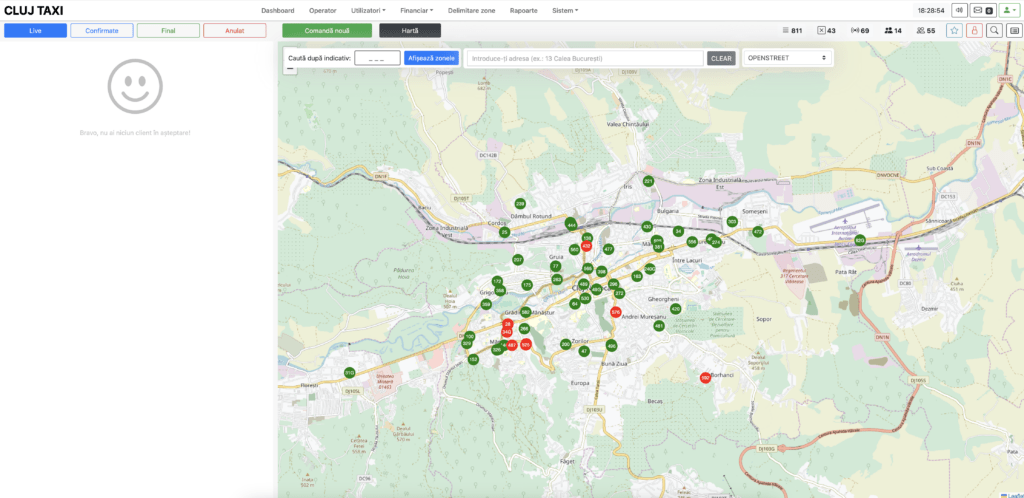 Hartă interactivă taxi Cluj cu indicatori activi.